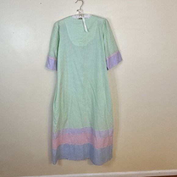 Go Softly Womens Striped MuMu Housedress Small Maxi Short Sleeve Green Pink Zip - Picture 6 of 8